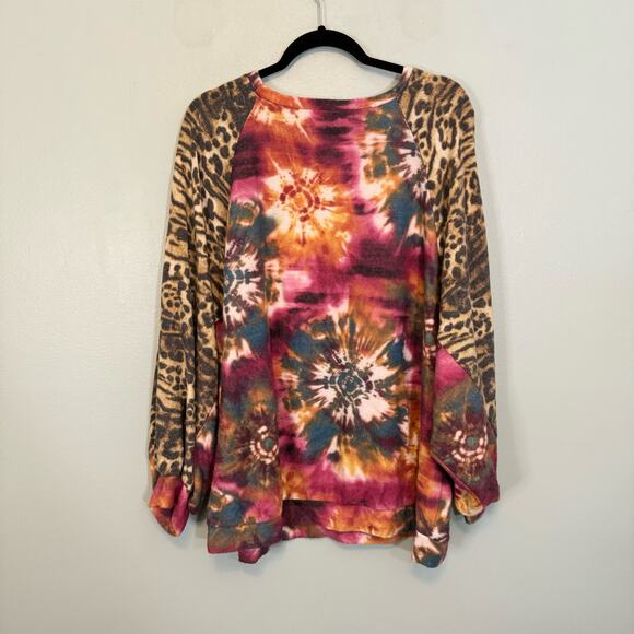 Yahada Top Womens 2X Plus Long Sleeve Tie Dye Cheetah Print Dolman Sleeve USA - Picture 2 of 8